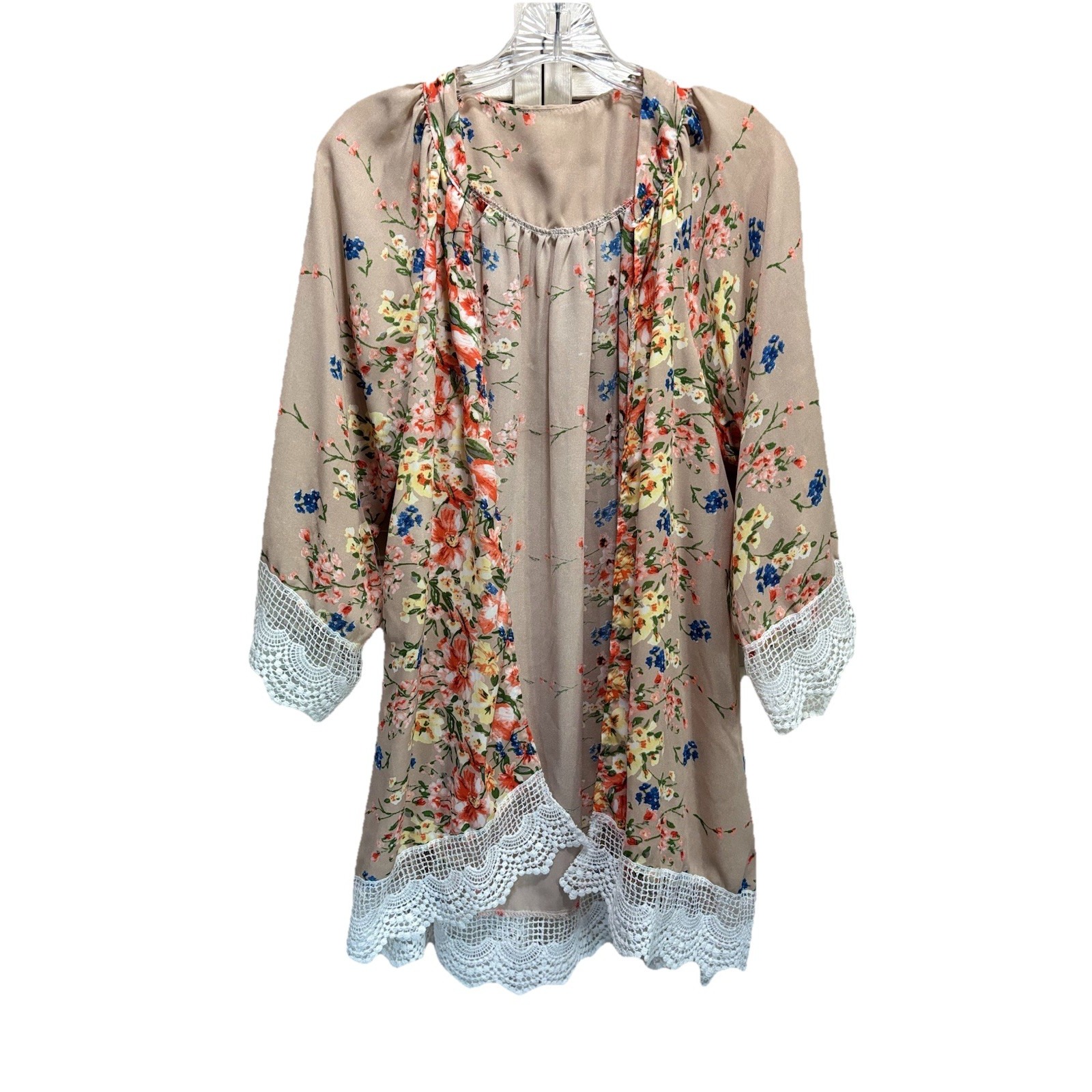 Kimono Tan/Orange Floral Size Large Crochet Hem Flowy Wide Short Sleeve